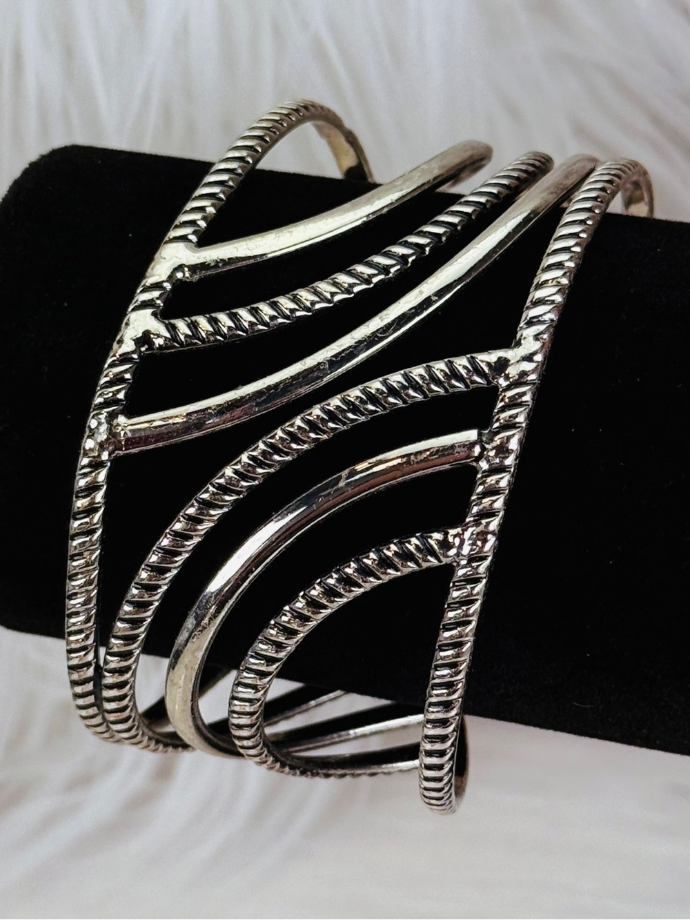 Vintage Aged Silvertone Multi-Band Swirl Statement Cuff Bracelet